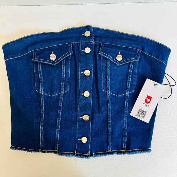 TULIP BLUE DENIM BUSTIER CORSET STYLE STRAPLESS RAW EDGE CROP TUBE TOP - Picture 1 of 6